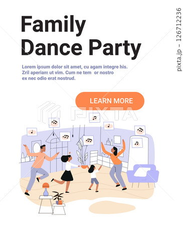 Family dance party home activity joyful parents and children dancing together in cozy living room music notes decorations modern flat interior website banner 126712236
