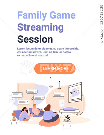 Family game streaming session living room people playing video games together on console cozy home interior modern flat design banner 126712239