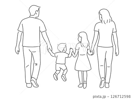 四人家族の幸せなラインアート(お父さんとお母さん・娘と息子) ポスターなどに 126712598