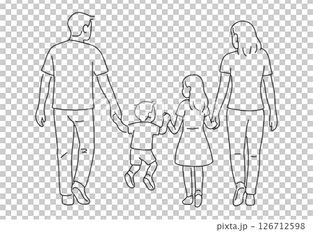 適合海報等的四口之家（父親、母親、女兒和兒子）的幸福線條藝術。 126712598