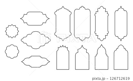 Islamic line shape, design element, vector outline element. Collection of oriental style arab windows, arches and emblems, set isolated on white background Islamic line shape, design element, vector outline element. Collection of oriental style arab windows, arches and emblems, set isolated on white background 126712619