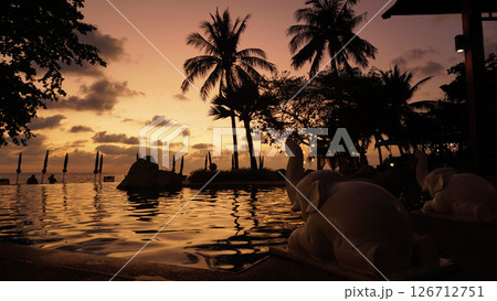 Tourists swimming in infinity pool with elephant statues at sunset Tourists swimming in infinity pool with elephant statues at sunset 126712751