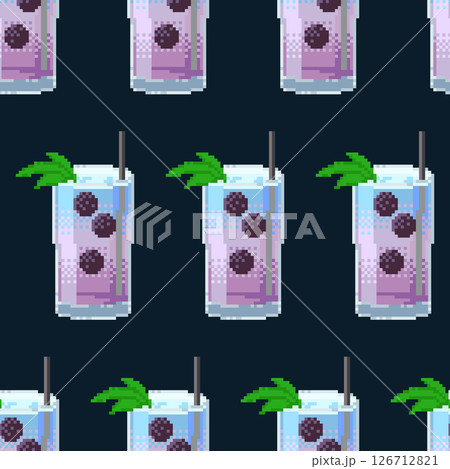 Pixel art seamless pattern with refreshing blackberry cocktail. Cute retro style for digital use, wrapping, textiles or summer design. 126712821