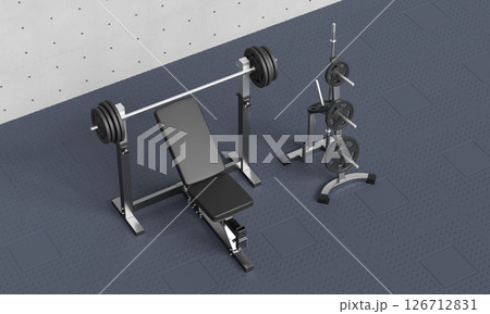 Fitness Gym Weightlifting Bench Press. 3D Rendering. 126712831