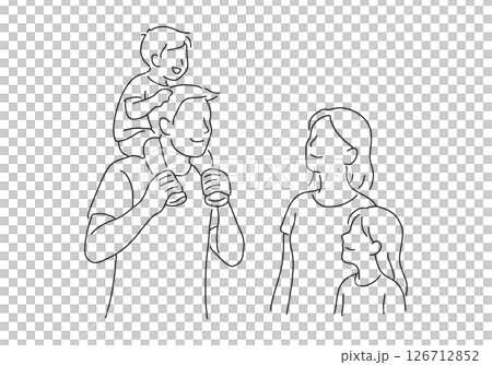 Happy line art of a family of four (father, mother, daughter and son) Smiling family carrying children on their shoulders Happy line art of a family of four (father, mother, daughter and son) Smiling family carrying children on their shoulders 126712852