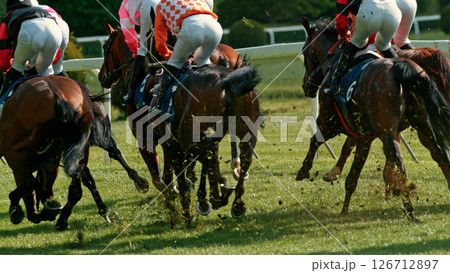 Racehorses in a line gallop up to the Winning Line together, freeze motion Racehorses in a line gallop up to the Winning Line together, freeze motion 126712897