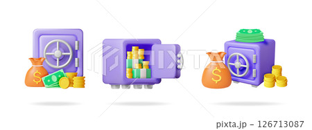 3d vector illustration set collection of a safe box 126713087