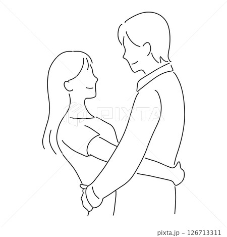 笑顔で笑い合う男女のカップル・ラインアート・抱き合いながら見つめ合った二人の人物 126713311