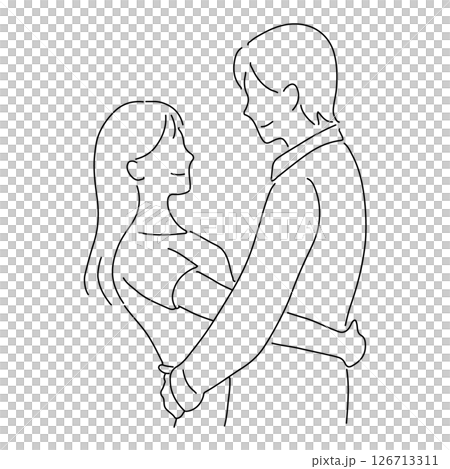 笑顔で笑い合う男女のカップル・ラインアート・抱き合いながら見つめ合った二人の人物 126713311