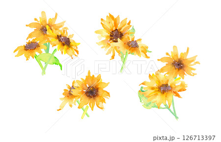 水彩画。水彩タッチのひまわりイラスト。向日葵のベクター素材。夏のヒマワリフレーム。 126713397