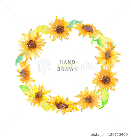 水彩画。水彩タッチのひまわりイラスト。向日葵のベクター素材。夏のヒマワリフレーム。 126713400