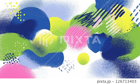Modern abstract artwork with blue, green, pink, and yellow splashes, brush strokes, and patterns, ideal for design and creative themes.  126713403