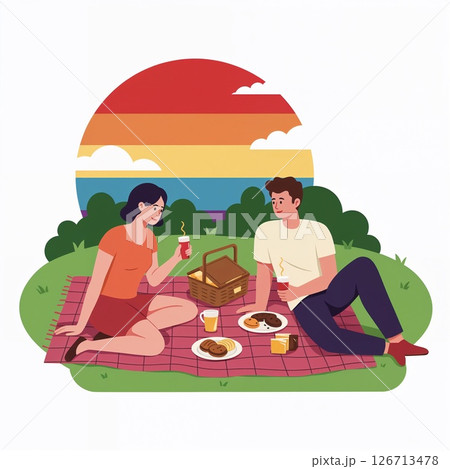 Illustration of a man and woman sharing a picnic in nature at sunset, with a rainbow sky symbolizing peace and diversity.  126713478