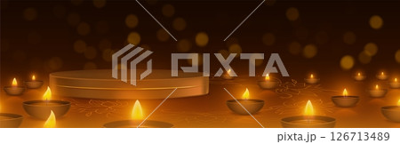 Diwali lanterns banner with round golden podium Diwali lanterns banner with round golden podium 126713489