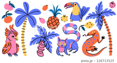 Retro tropical sticker set with animal characters Retro tropical sticker set with animal characters 126713525