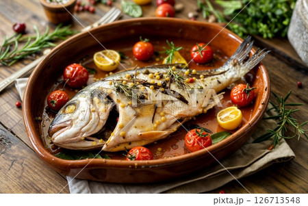 Roasted Fish Served With Fresh Herbs and Cherry Tomatoes 126713548