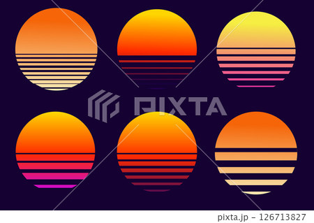 Retro vaporwave sun futuristic sunrise. Cyberpunk geometric planet. Synthwave vintage. Sun circle retrowave abstract. Retro vaporwave sun futuristic sunrise. Cyberpunk geometric planet. Synthwave vintage. Sun circle retrowave abstract. 126713827