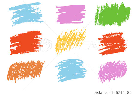 Crayon underline stroke brush mark, grunge textured hand drawn sketch border, divider. Pastel colored scribble highlight charcoal rough.  126714180