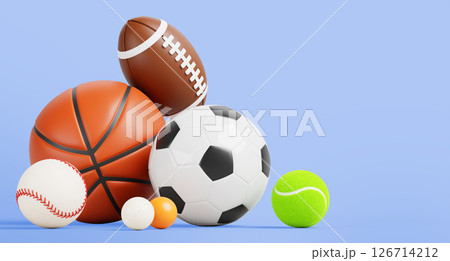 Sport ball pile on blue background. Sports shop sale banner with soccer, basketball, baseball, american football, tennis, ping pong balls. Poster template for game match, competition. 3D illustration 126714212