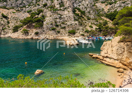 View of Calanque de Morgiou on the Mediterranean shore between Marseille and Cassis in the south of France View of Calanque de Morgiou on the Mediterranean shore between Marseille and Cassis in the south of France 126714306