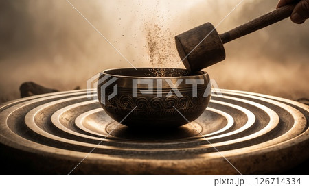 A hand strikes a singing bowl, creating sound waves in morning light 126714334