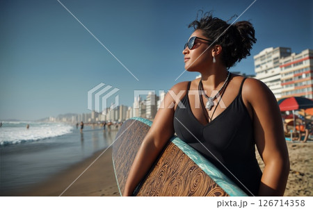 A plus size surfer in a black swimsuit sunglasses holds a surfboard on an urban beach 126714358