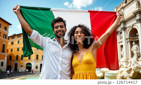 Proud Italian Flag Display Against Historic Architecture in Summer Square 126714417