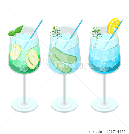 果物が乗ったカクテルのセット_アイソメトリックのイラスト 126714422