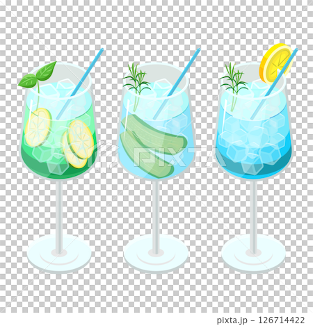 果物が乗ったカクテルのセット_アイソメトリックのイラスト 126714422