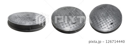 Black iron drain cover set, isolated on white background. 126714440