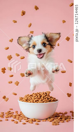 山盛りのドライフードのお皿に飛び込む犬、食欲旺盛 山盛りのドライフードのお皿に飛び込む犬、食欲旺盛 126714465