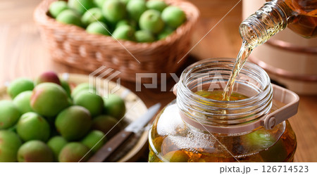 収穫した紀州南高梅 青梅で梅酒をつくる 収穫した紀州南高梅 青梅で梅酒をつくる 126714523