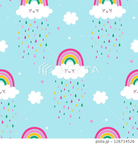 Seamless pattern with cute clouds, rainbows and rain. Vector graphics. 126714526