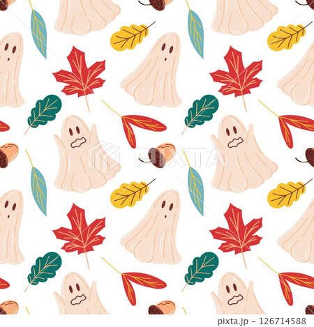 Cute autumn seamless pattern with ghost, leaves and acorn in flat style. Perfect for Halloween seasonal decoration, textile, wrapping paper and spooky fall design for kids. 126714588