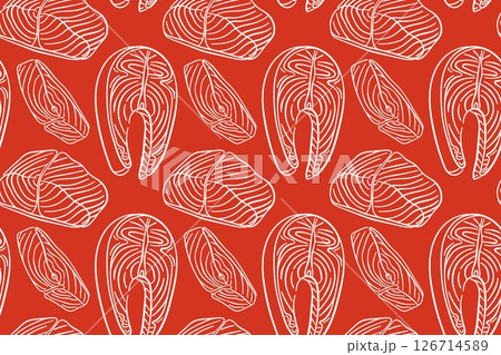 Seamless pattern with salmon fillet and steak in line art style on red background. Perfect for seafood packaging, restaurant menu, kitchen design and fish store branding. 126714589