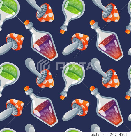 Seamless pattern with potion bottle and red fly agaric mushroom in cartoon style on blue background. Perfect for magical theme, Halloween packaging and enchanted design. 126714591