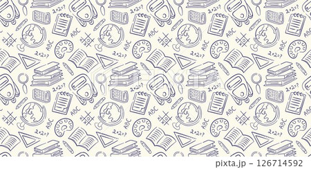 Back to school doodle seamless pattern. Sketch object stationary of pencil, pen, book, backpack, ruler, globe on a beige background. 126714592