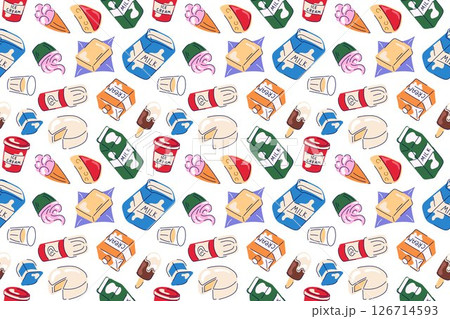 Milk dairy product seamless pattern in flat style. Wallpaper design with ice cream, cupcake, cheese, butter, whipped cream, glass of milk on a white background. 126714593