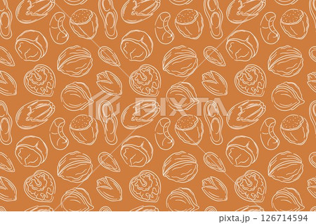 Seamless nut pattern in line art style on brown background. Almond, walnut, cashew, hazelnut, macadamia, pecan, peanut and pistachio. Ideal for food packaging, restaurant menu kitchen wallpaper. 126714594