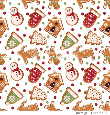 Seamless pattern with gingerbread cookie and candy in cartoon style. Perfect for Christmas Day and New Year packaging, banners, decorations. 126714596