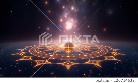 Cosmic Meditation Silhouette on Glowing Sacred Geometry Under Stellar Galaxy 126714638