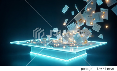 Digital Transformation Concept with Data Documents Rising from Glowing Interface Table Digital Transformation Concept with Data Documents Rising from Glowing Interface Table 126714656