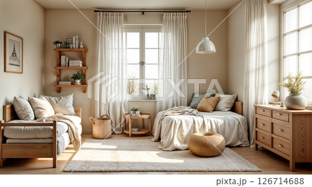 Serene Minimalist Bedroom Retreat with Natural Wood and Soft Neutral Textiles 126714688