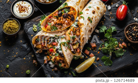Gourmet Mexican Burritos with Fresh Fillings Served on Rustic Stone Background 126714689