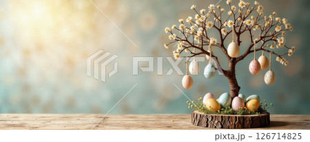 Easter Egg Tree Decoration with Delicate Blossoms on Wooden Surface Easter Egg Tree Decoration with Delicate Blossoms on Wooden Surface 126714825