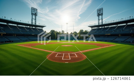 Baseball Diamond at Sunrise with Empty Stands and Pristine Playing Field 126714861