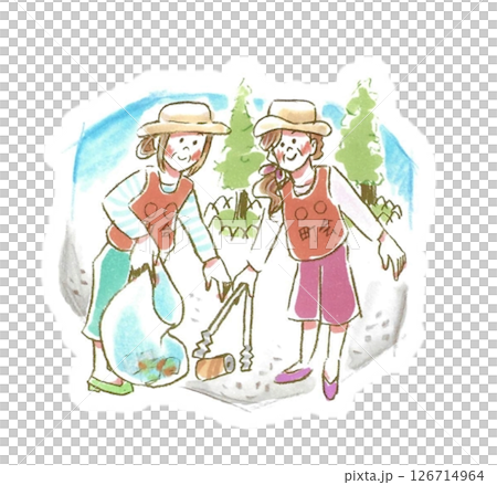 兩名老年婦女在當地政府設施撿垃圾 兩名老年婦女在當地政府設施撿垃圾 126714964