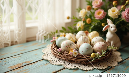 Delicate Easter Eggs Nestled in Woven Basket with Spring Blooms and Vintage Charm Delicate Easter Eggs Nestled in Woven Basket with Spring Blooms and Vintage Charm 126715009