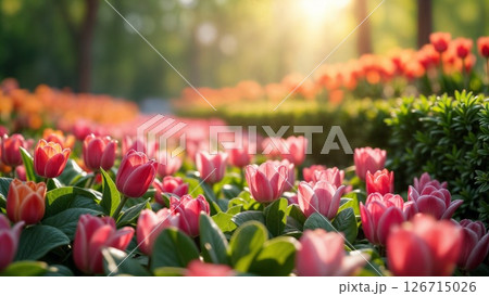 Pink Tulip Garden Basking in Golden Spring Sunlight Through Forest Trees 126715026