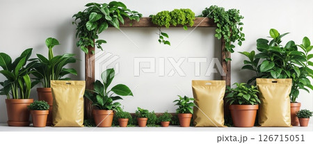 Indoor Houseplant Garden Display with Premium Soil Packaging and Wooden Frame with Copy Space 126715051